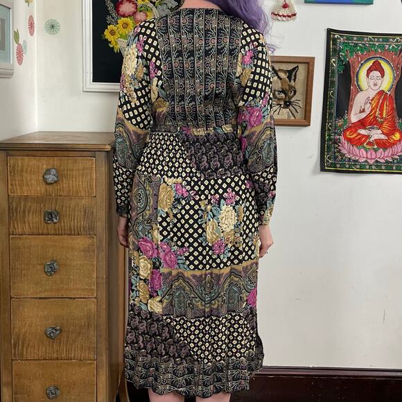 Vintage Faux Patchwork Print Dress, 1990s Bohemian Rayon Midi, Sz M April Rain - Picture 7 of 13